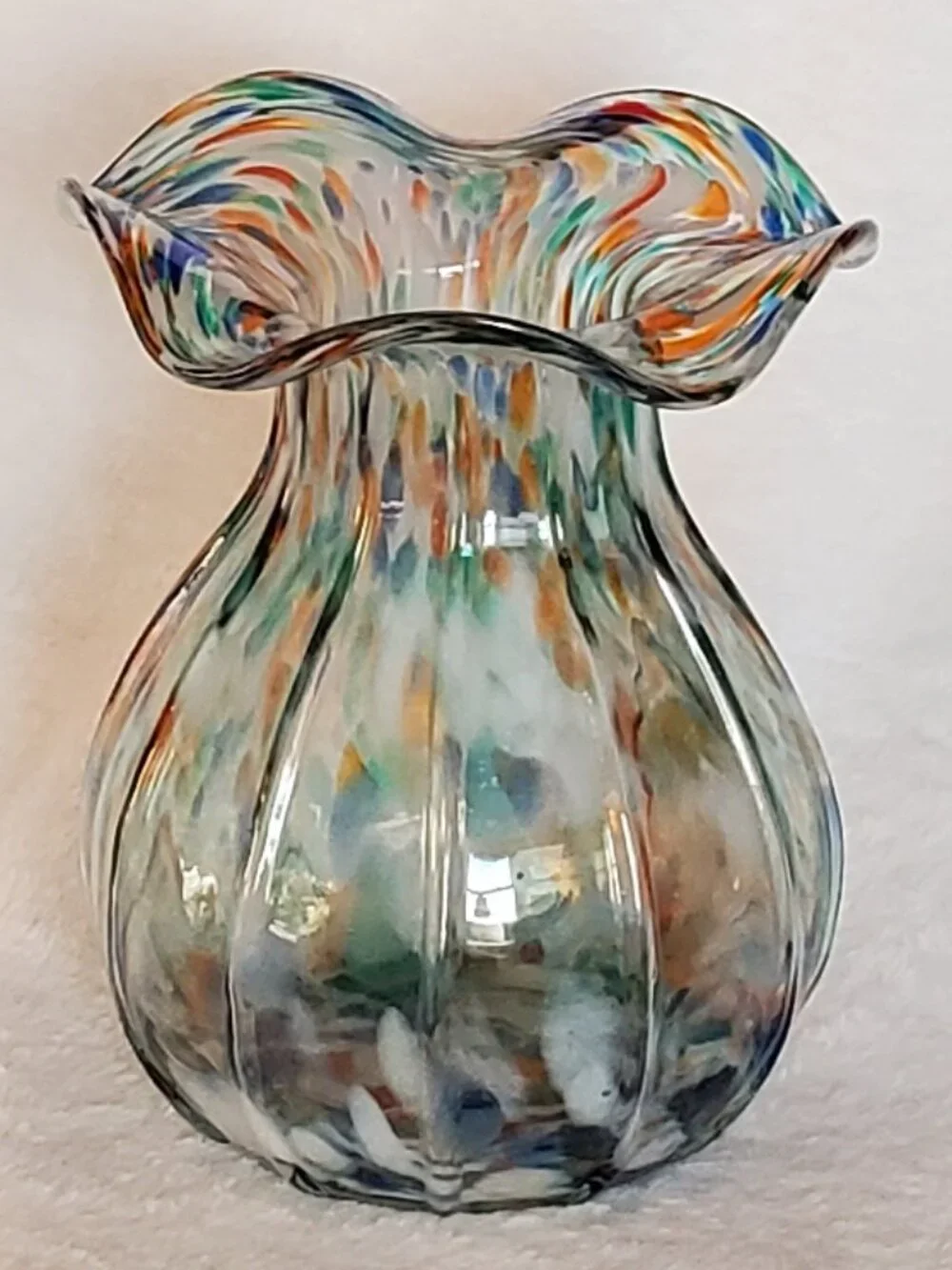 Murano Style Blown Glass Vase Colorful Ribbed Ruffled Rim Vintage EUC!